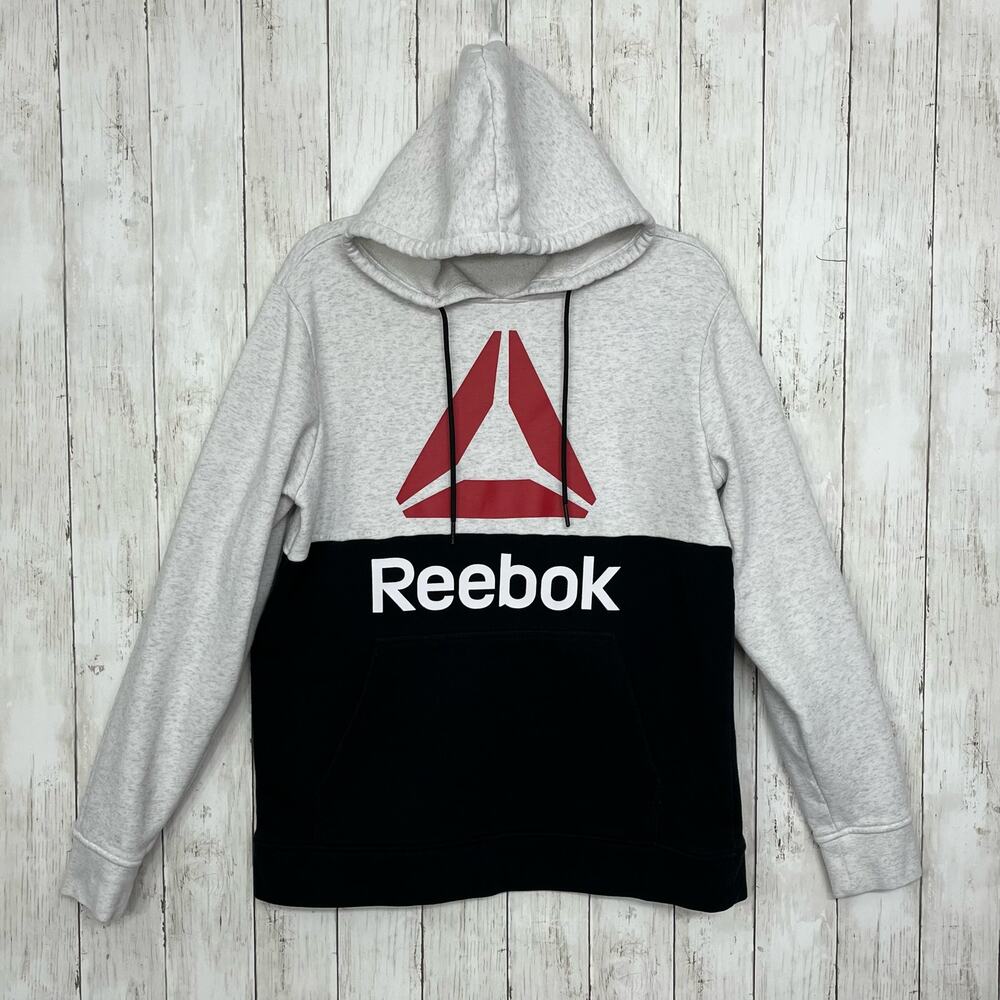 Reebok 2 Tone Black Gray Pull Over Hoodie Sweatshirt Size Medium